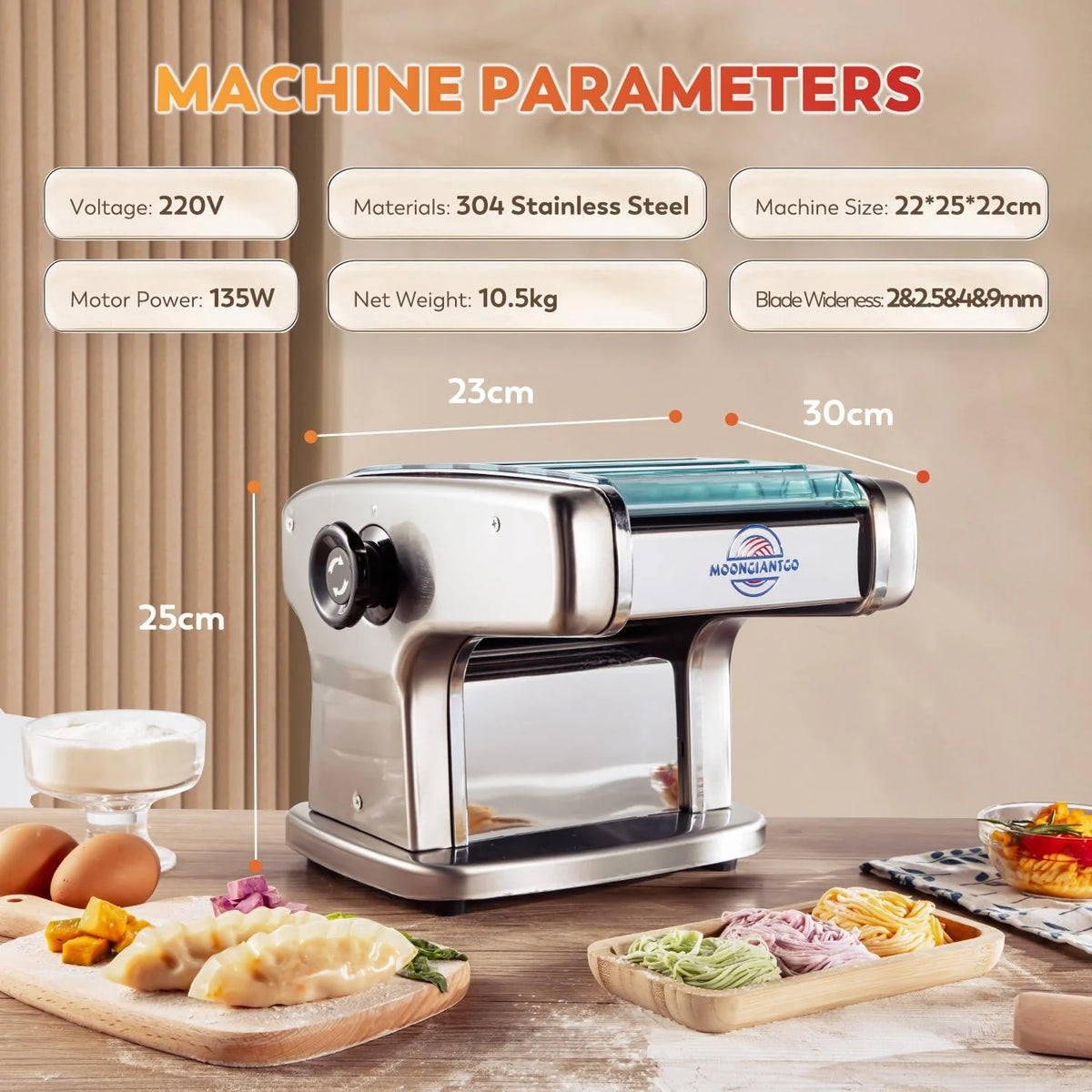 Moongiantgo Máquina Pasta Eléctrica, 4 Cuchillas, 9 Ajustes de Espesor