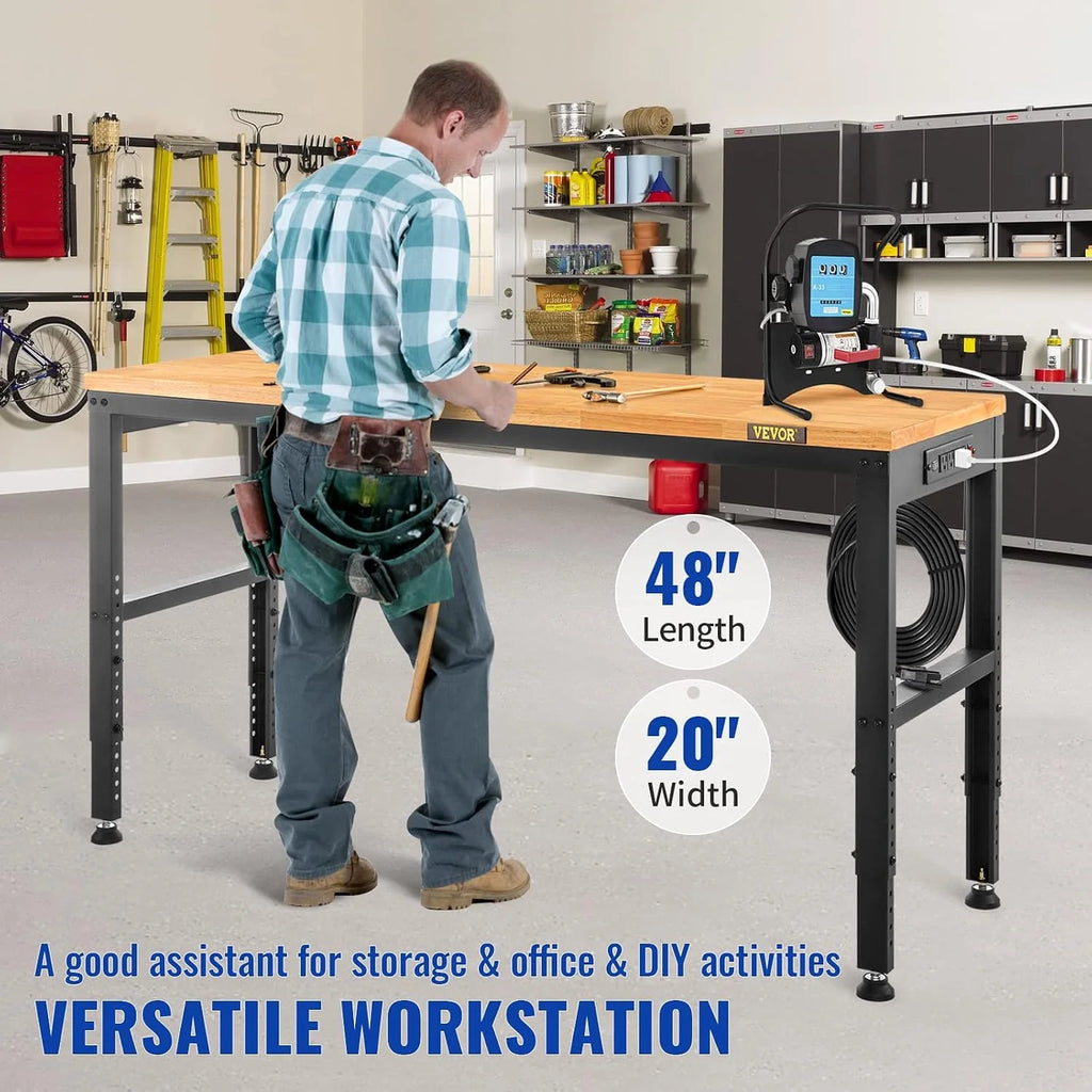VEVOR Banco de Trabajo 1220x508 mm Mesa de Taller Altura Ajustable 719-968 mm Carga de 900kg con Toma de Corriente Mesa de Madera Marco de Metal Almohadillas para los Pies para Oficina, Garaje