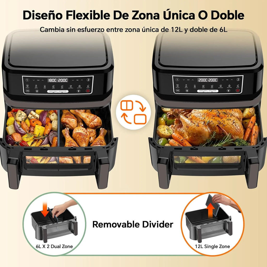 Freidora Aire 12 Litros | Freidora de Aire XXL Flexible Ajuste 1 Zona o 2 Zona, 2600W Doble Resistencia Control Independiente con Ventana y Luz, Air Fryer Grande 8-en-1 Controles táctiles Rezeptbuch