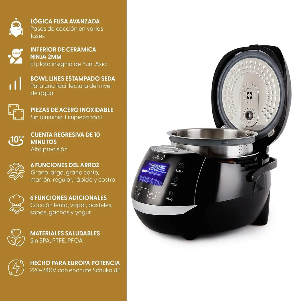 Yum Asia Sakura Olla arrocera con cuenco de cerámica y lógica difusa avanzada (8 tazas, 1,5 litros) 6 funciones de cocción de arroz, 6 funciones de multicocina, pantalla LED Motouch, 220-240V EU