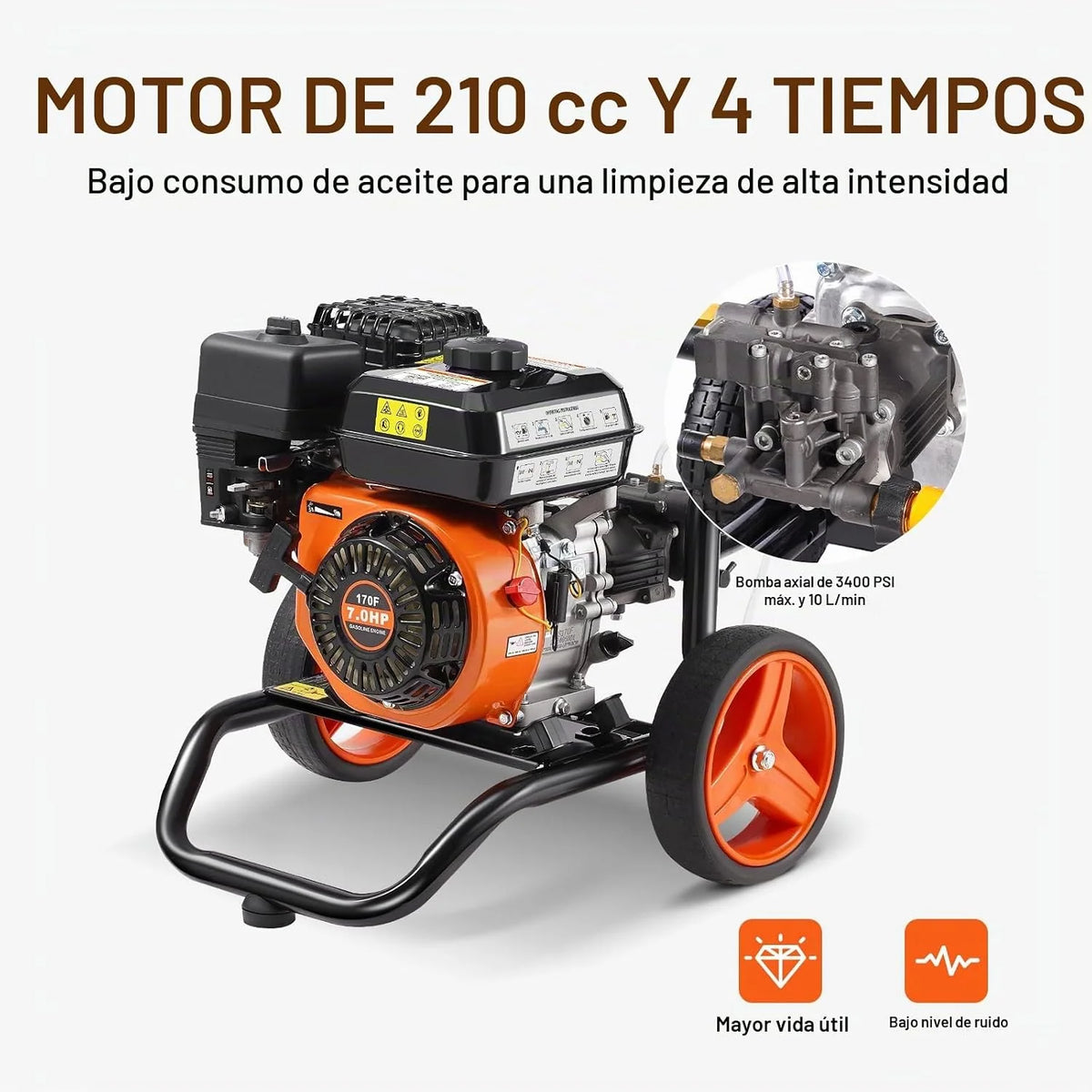 VEVOR Lavadora de Alta Presión a Gas Vertical 3400 PSI 2,6 GPM Limpiador de Alta Presión 10 L/min con Bomba de Aluminio, Pistola Rociadora, Varilla de Extensión, 5 Boquillas para Casas, Vehículos