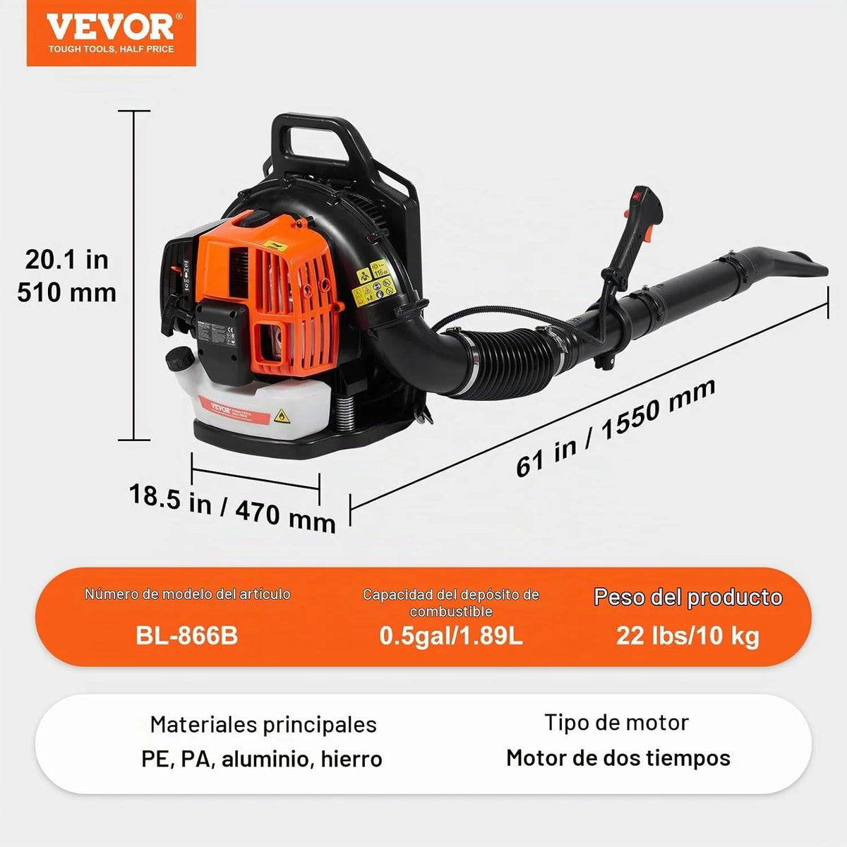 VEVOR Soplador de Hojas de Mochila, Soplador de Hojas de Gas de 2 Ciclos de 63 CC con Tanque de Combustible de 1,89 L, Volumen de Aire de 1110 CFM, Velocidad de 220 mph, para el Cuidado del Césped