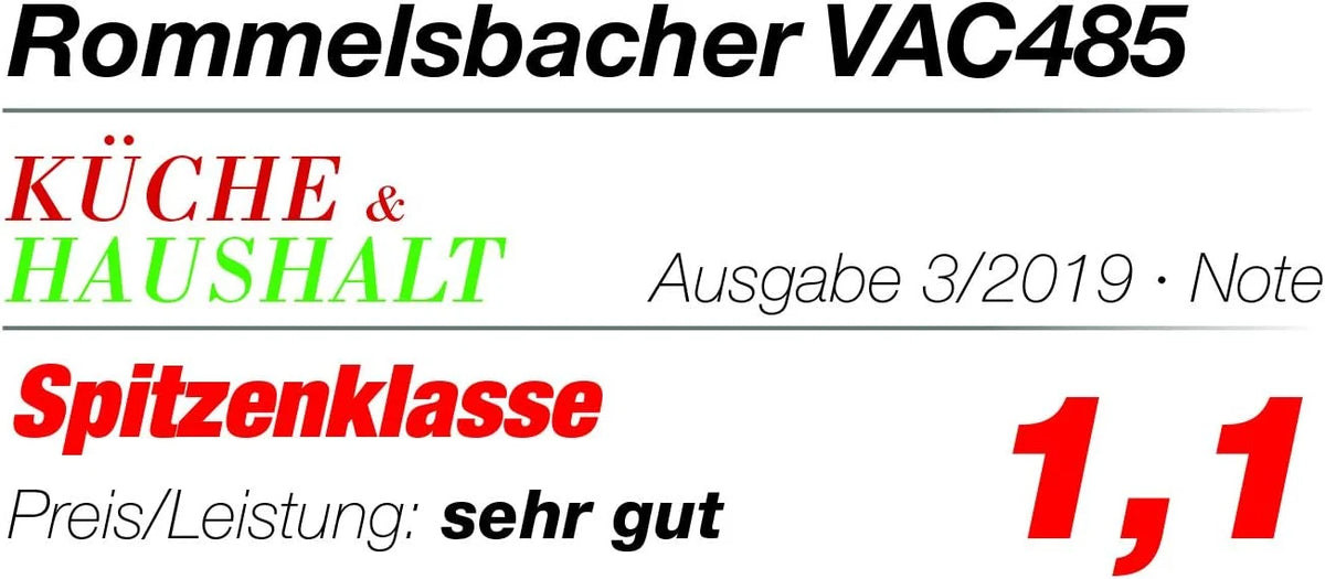 ROMMELSBACHER Sellador al vacío VAC 485 – Capacidad de aspiración de 15 litros/min, manejo con una sola mano, adecuado para uso a largo plazo, costura de doble sellado, 2 tiempos de sellado, para