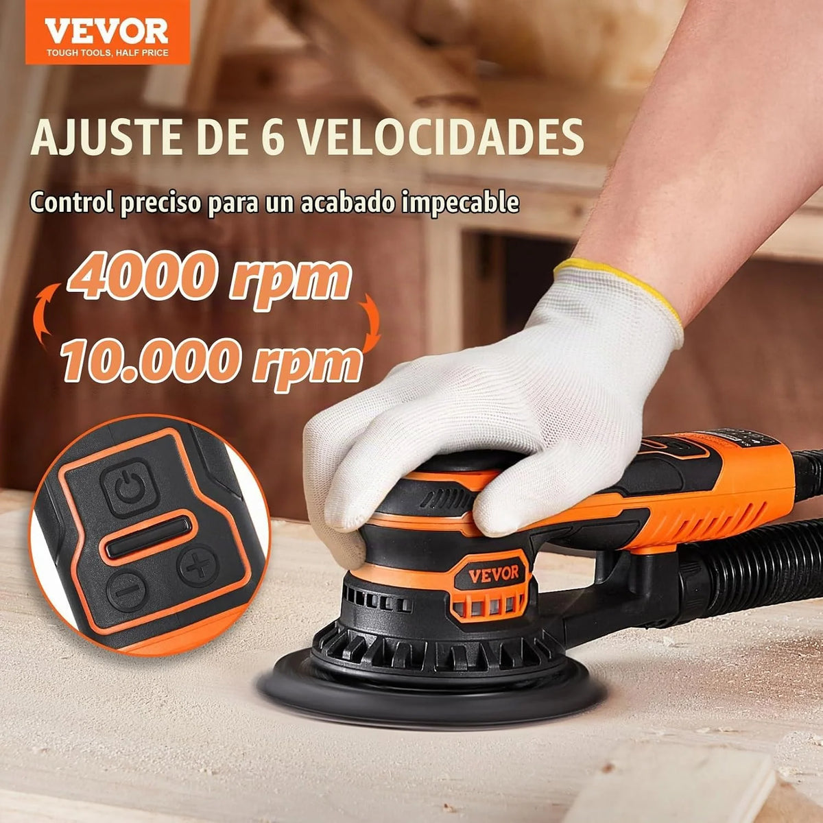 VEVOR Lijadora Orbital Aleatoria sin Escobillas de 350 W, 10 000 PRM y 6 Velocidades con 10 Papeles de Lija, Conector para Polvo y Manguera para Lijado de Detalles de Carpintería, 255 x 150 x 110 mm