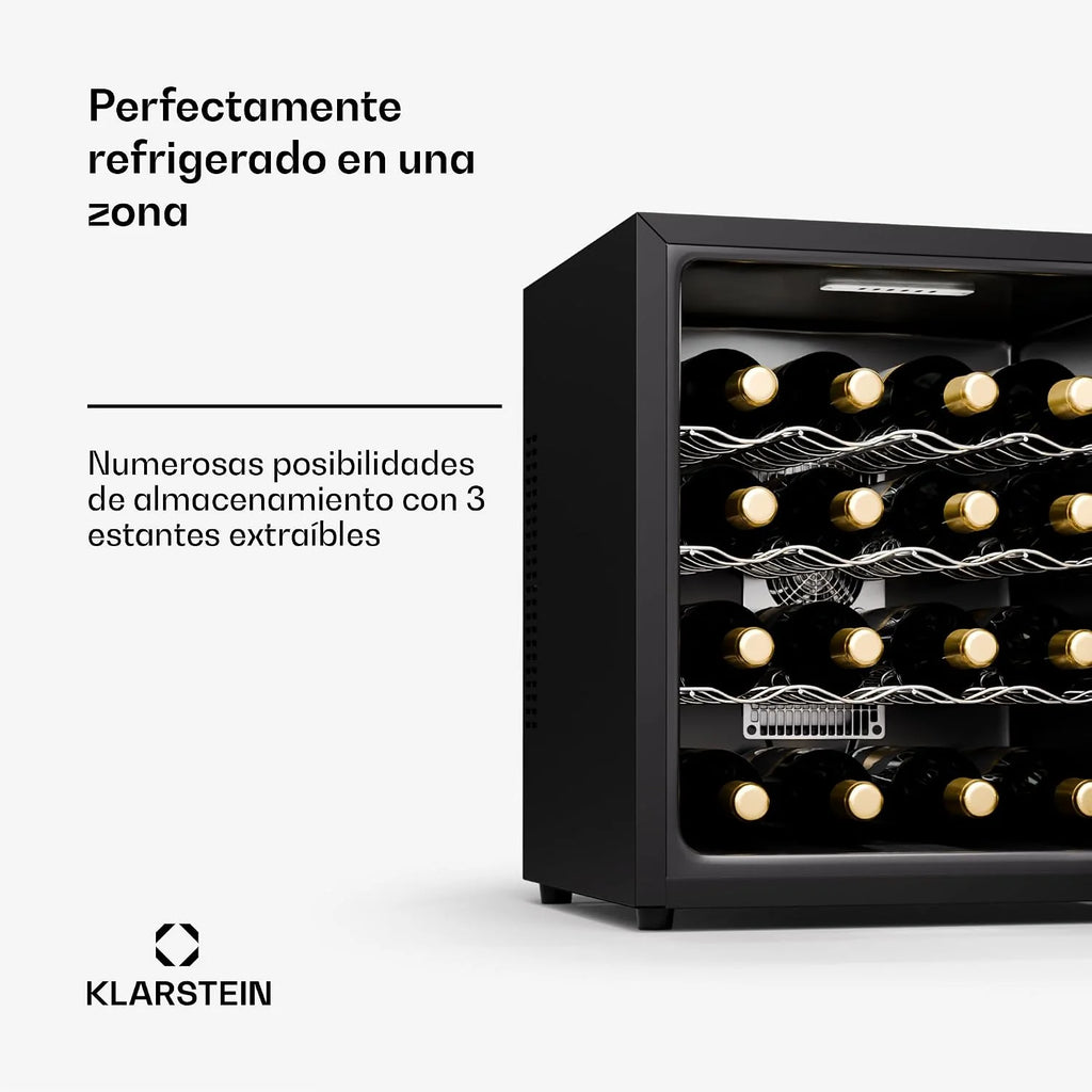 KLARSTEIN Vinoteca para Vinos, Nevera Vino Una Zona 5-22°C, Botellas Vino, Proseco y Cervezas, Vinoteca Pequeña Puerta Cristal para Interior y Exterior, Nevera para Vinos Capacidad 16 Botellas