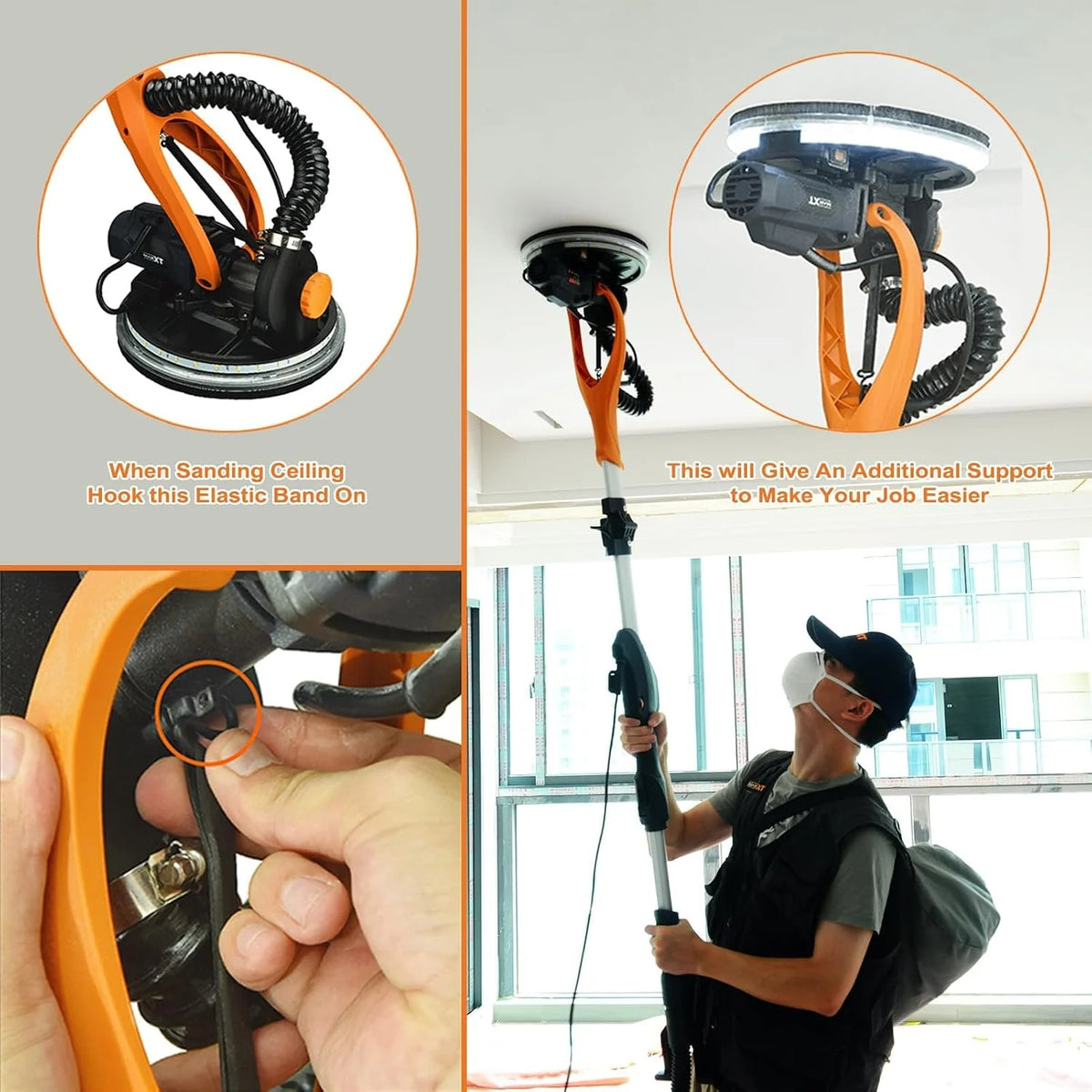Lijadora Jirafa MAXXT 820W: plegable con tubo de extensión (110 cm/165 cm), velocidad ajustable (600-1900 rpm), LED, borde lateral desmontable, 6 tipos de papel de lija para paredes y techos