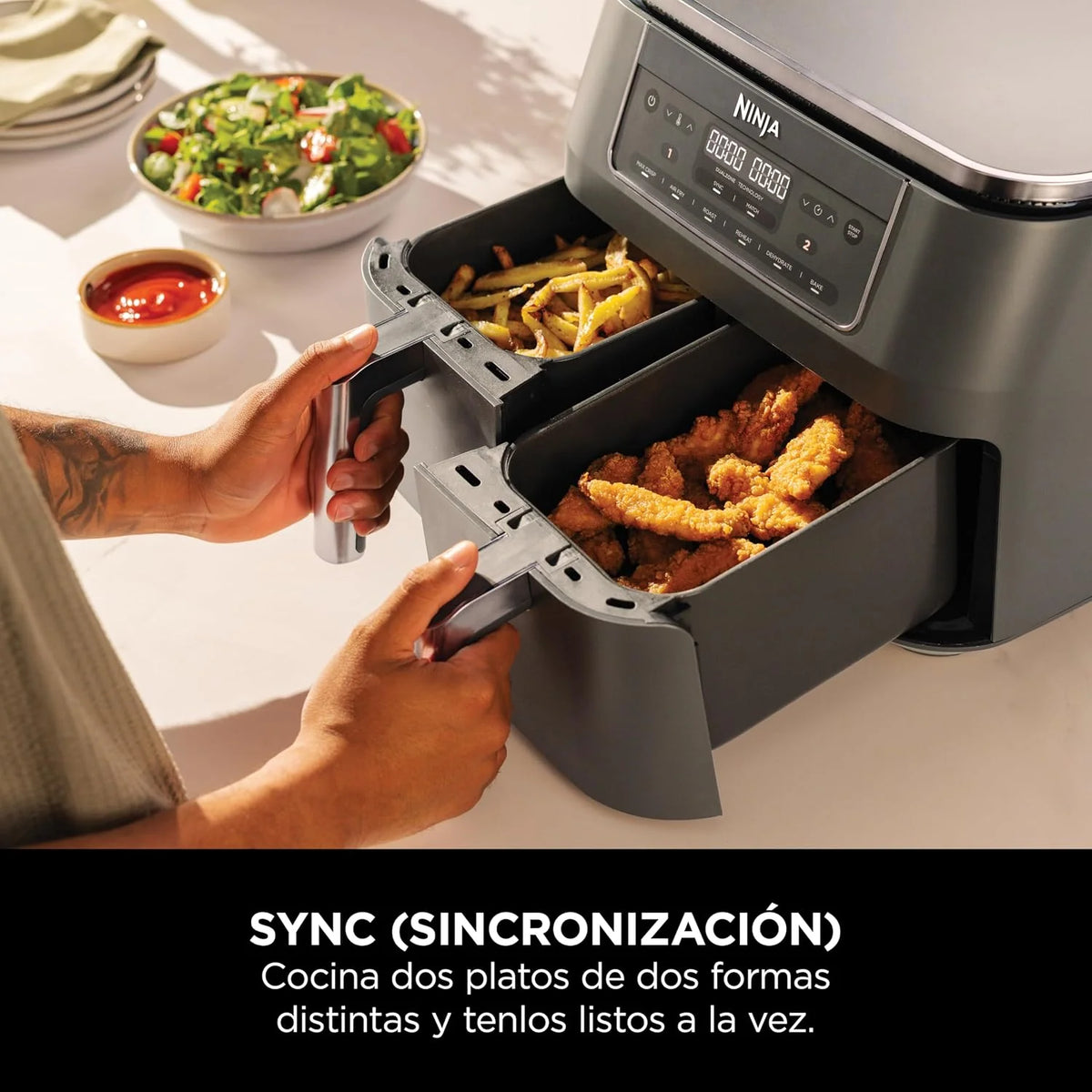 Ninja, Freidora de Aire con Compartimento Doble, 7,6 L, Gris Metalizado