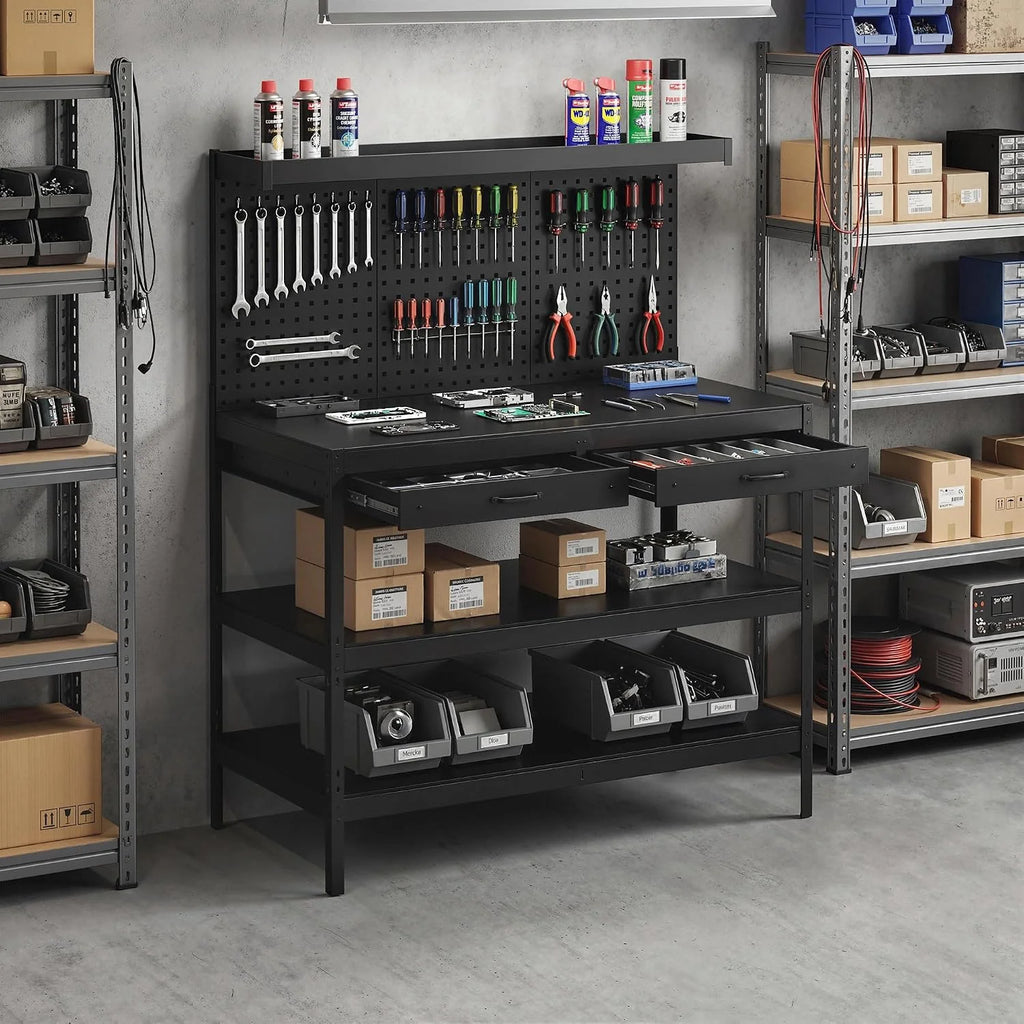 HOMCOM Banco de Trabajo 122x61x156 con Panel Perforado, 2 cajones, 272kg