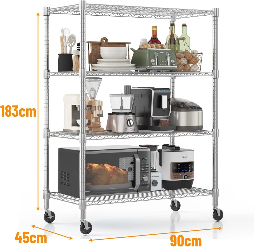 Himimi Estantería de Alambre de 4 Niveles con Ruedas, Altura Ajustable,con Pies Niveladores, Estante de Almacenamiento Metálico para Cocina, Baño, Dormitorio,Capacidad de 500 kg, 90*45*183 cm, Plata