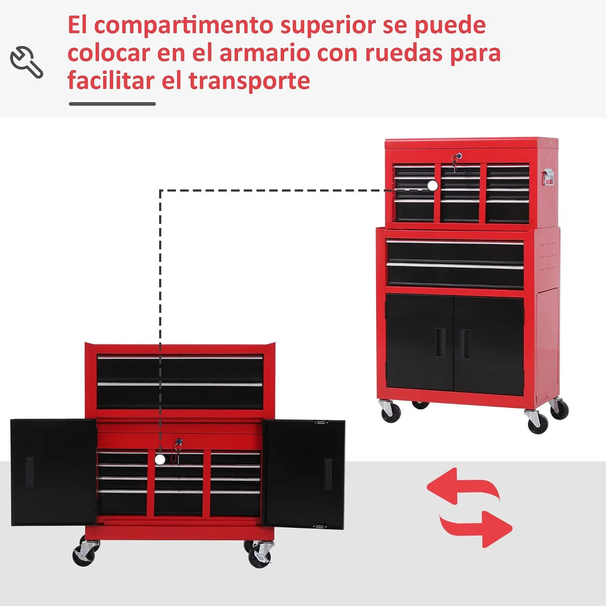 HOMCOM Carro de Herramientas con Baúl Superior 2 en 1 Carro de Taller Rojo