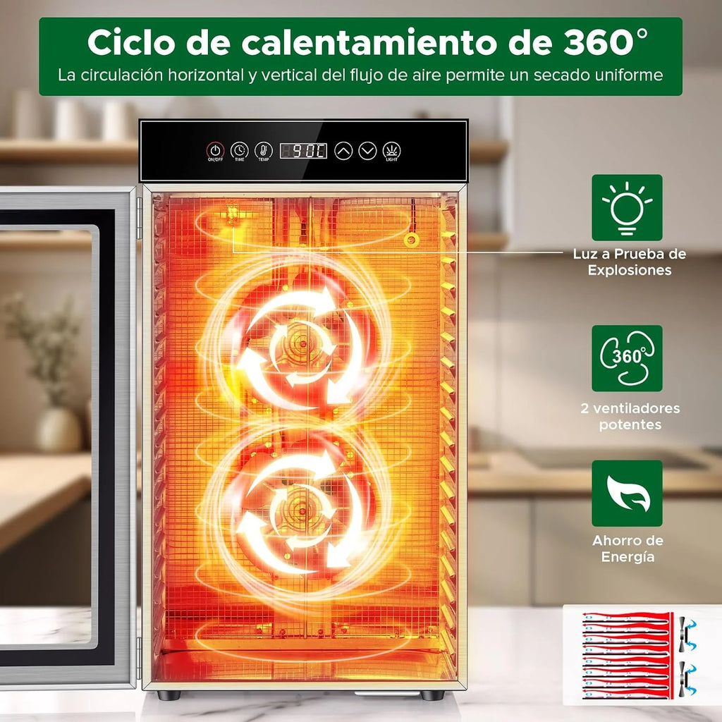 Kwasyo Deshidratador de Alimentos Comercial 18 Bandejas, 800W Deshidratador de Acero Inoxidable con Circulación de Aire 360°, Gran Capacidad para Carne, Frutas, Verduras, Hierbas