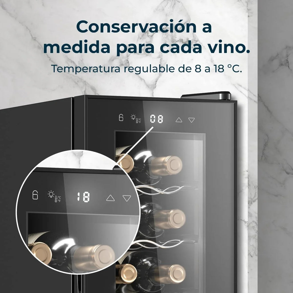 Cecotec Vinoteca Bolero GrandSommelier 1250 CoolCrystal. Bodega para 12 botellas, enfriamiento termoeléctrico, silenciosa con 35 dB, temperatura regulable de 8-18ºC, panel táctil y luz LED interior.