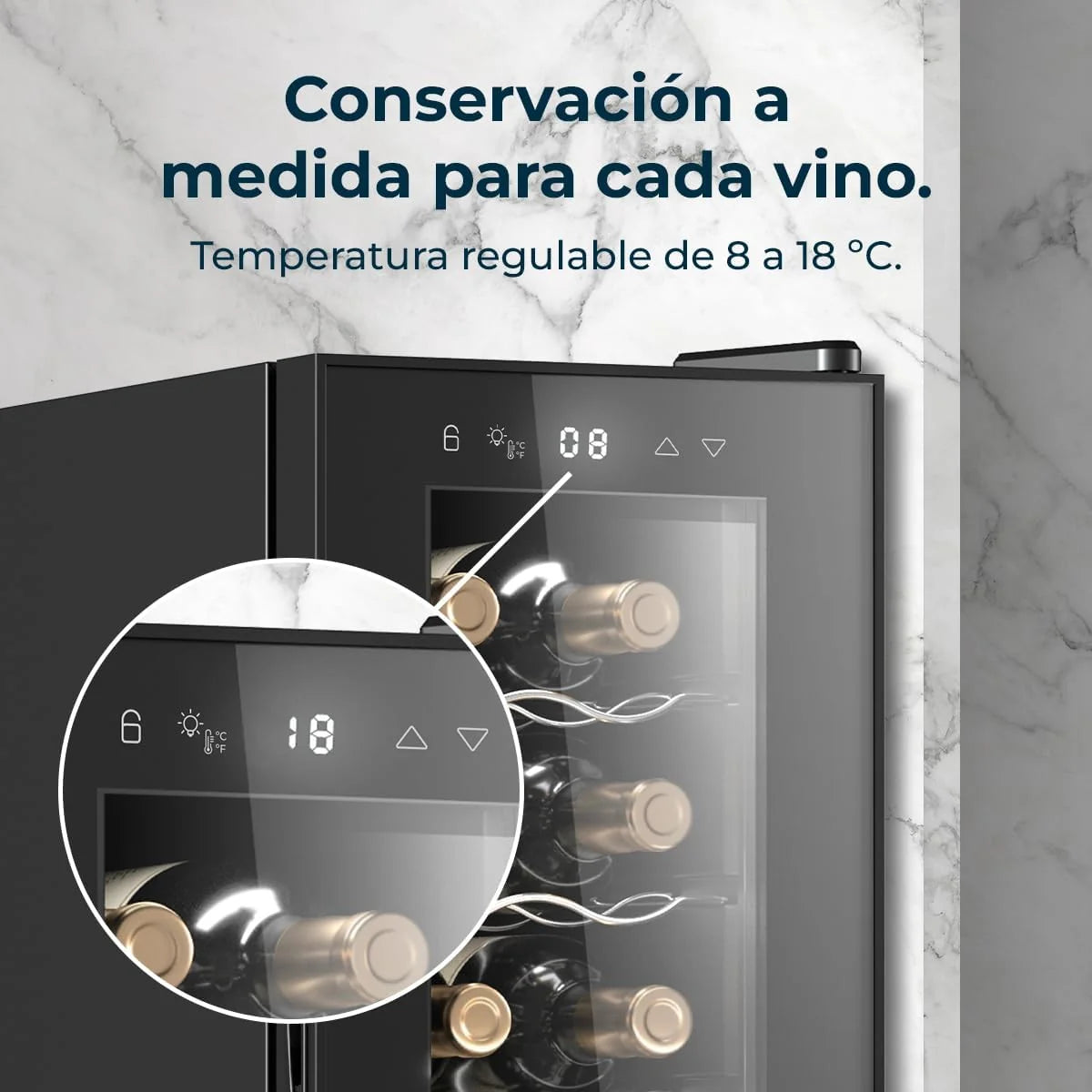 Cecotec Vinoteca Bolero GrandSommelier 1250 CoolCrystal. Bodega para 12 botellas, enfriamiento termoeléctrico, silenciosa con 35 dB, temperatura regulable de 8-18ºC, panel táctil y luz LED interior.