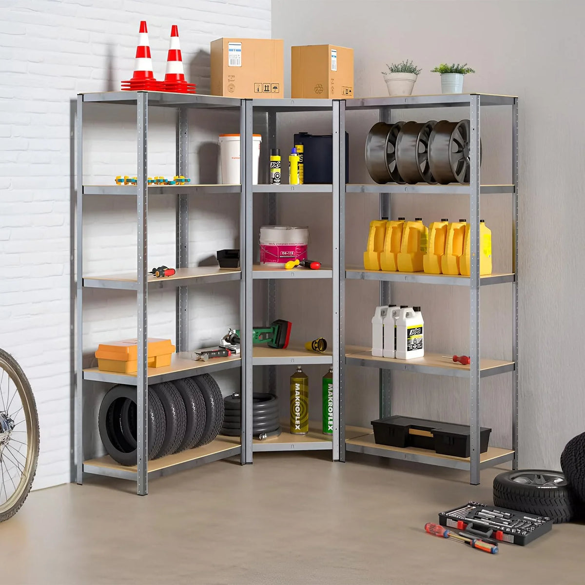 THINIA HOME - Pack 2 Estanterías Modulares + 1 Estantería Esquinera, Acero y MDF Antihumedad, Hogar, Trastero, Garaje, Taller, Comercio, 5 Baldas Ajustables, Carga Máx. 875Kg (x3)