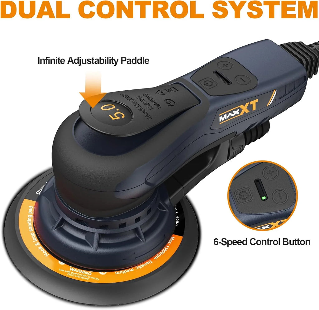 MAXXT Lijadora excéntrica sin escobillas de 5,0 mm, 230 V, con cableado trinúcleo, versátil lijadora eléctrica con ritmo variable y 10 discos abrasivos, con cable