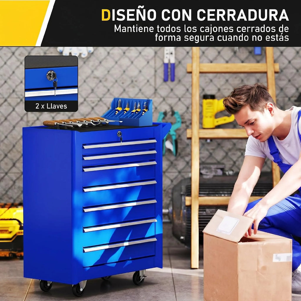 DURHAND Carro de Herramientas con 7 Cajones con Cerradura, Asa, Azul
