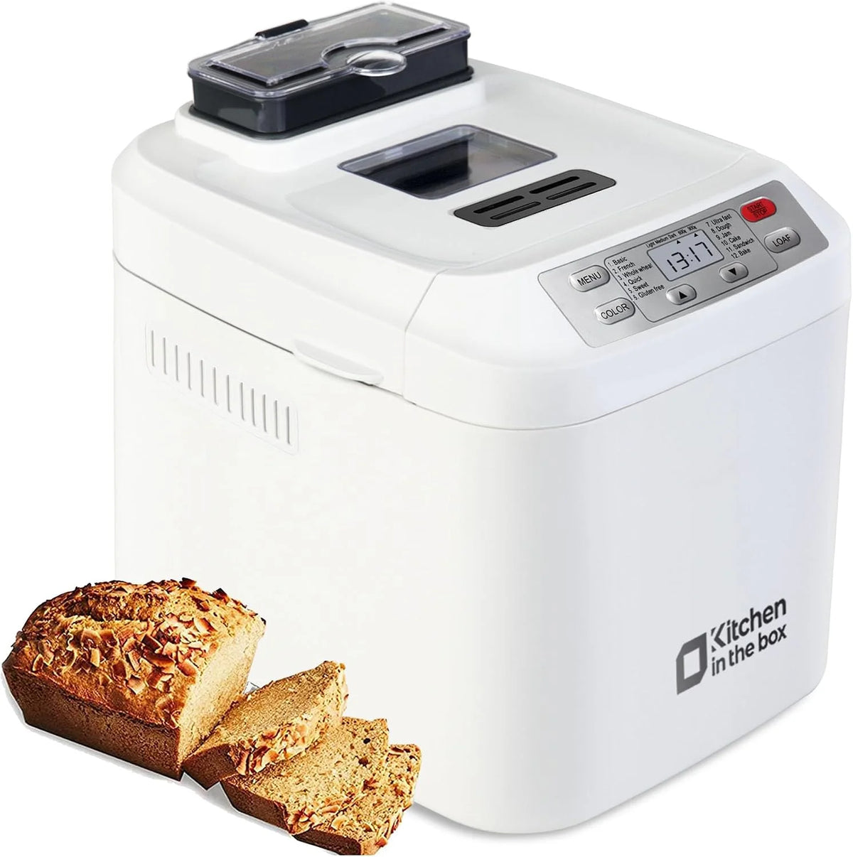 Kitchen in the box - Máquina para hacer pan, programas 12 en 1, ajuste sin gluten, dispensador automático de frutos secos y sartén antiadherente extraíble, 2 tamaños de pan (2 libras), temporizador de