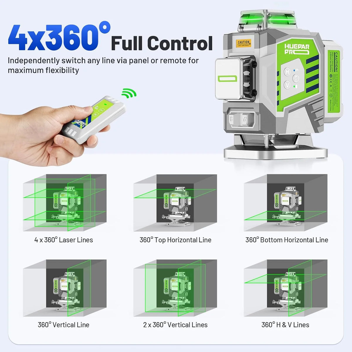 Huepar Pro Outdoor Nivel Láser con Receptor, 4 * 360° Autonivelante Verde