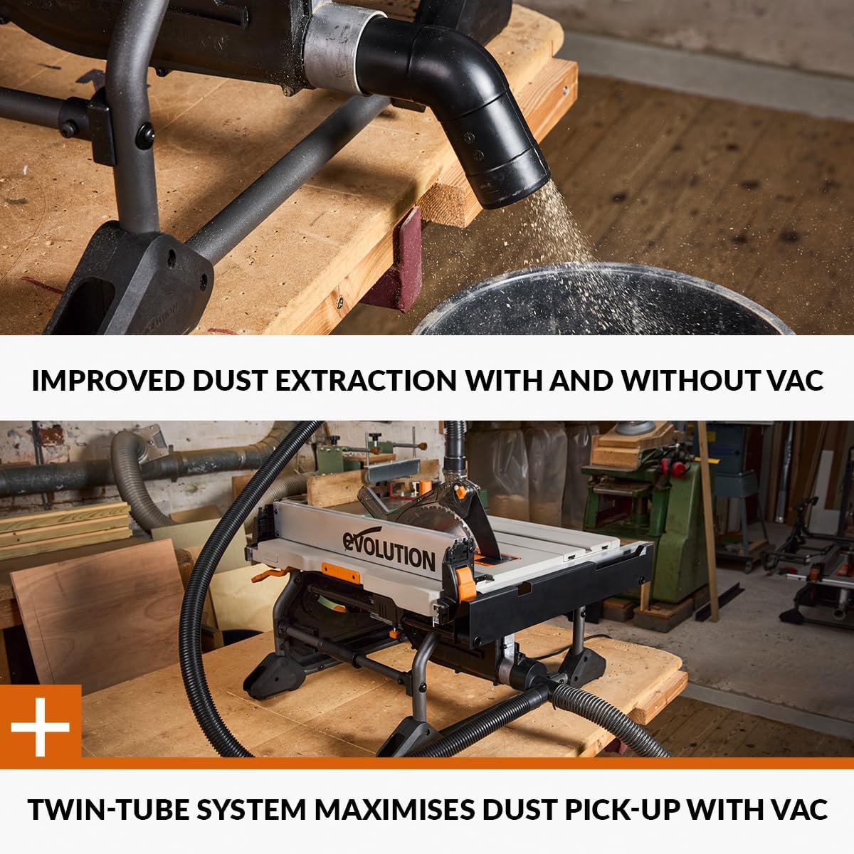Evolution Power Tools R255TBLX+ Sierra De Mesa Con Soporte (Próxima Generación Rage 5-S) Hoja De Corte Multimaterial Corta Madera Metal Plástico, Bisel 45˚, +/- 60˚ Ángulo De Inglete, 1800w