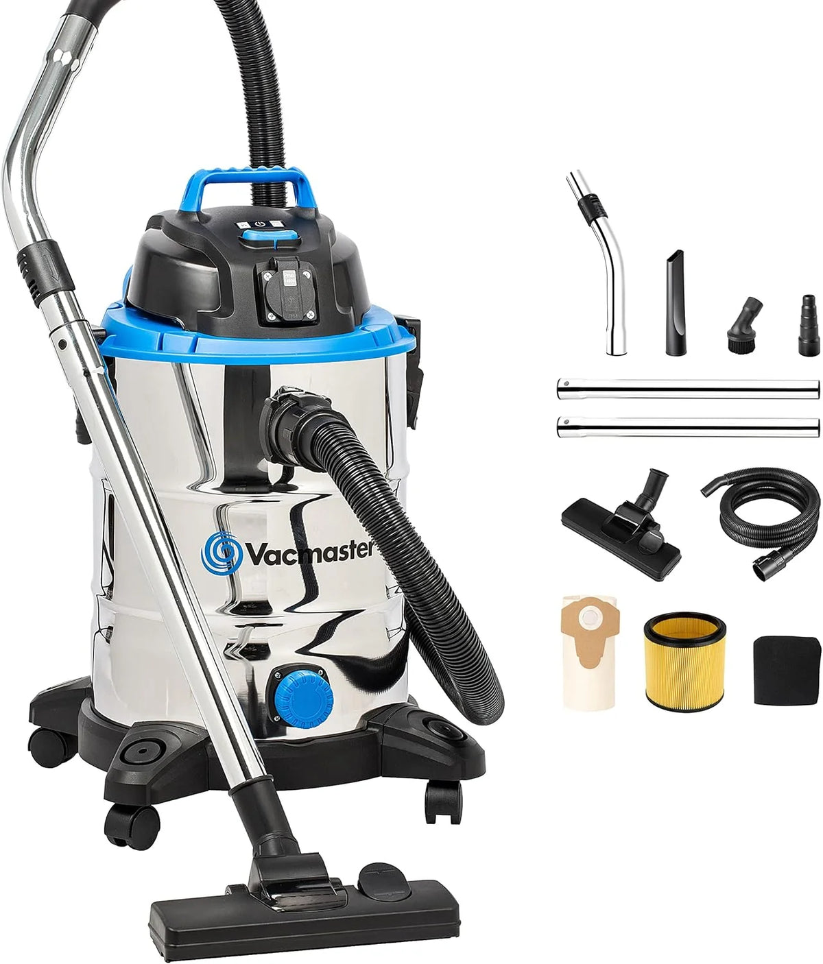Vacmaster VQ1530SFDC 1500W 30L Aspirador en seco y húmedo, Industrial de Acero Inoxidable, Función De Soplador, Toma De Corriente con Herramientas Eléctricas