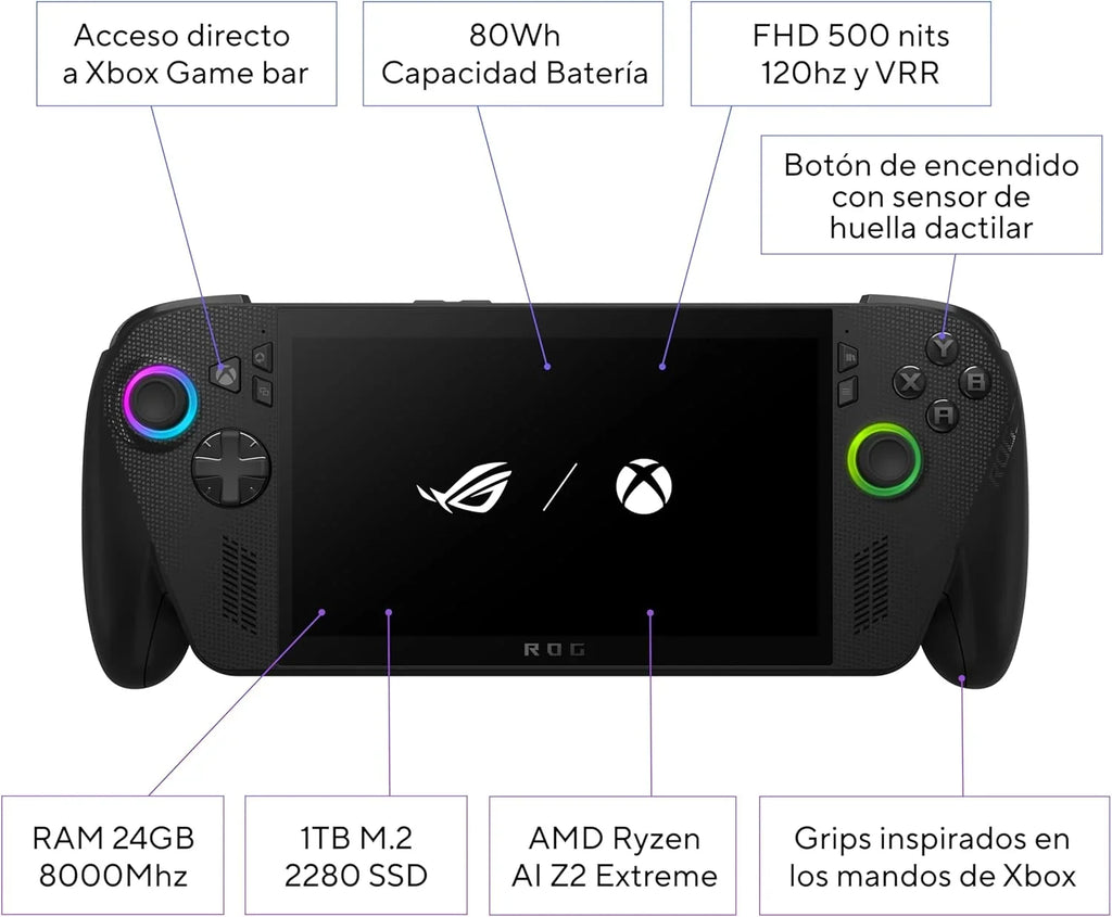 ASUS ROG Ally X - Consola Portátil Gaming 7" Full HD 120Hz (AMD Ryzen AI Z2 Extreme, 24GB RAM, 1TB SSD, Batería 80Wh, Windows 11, Consigue 3 meses gratis de Game Pass Premium) - Color Negro