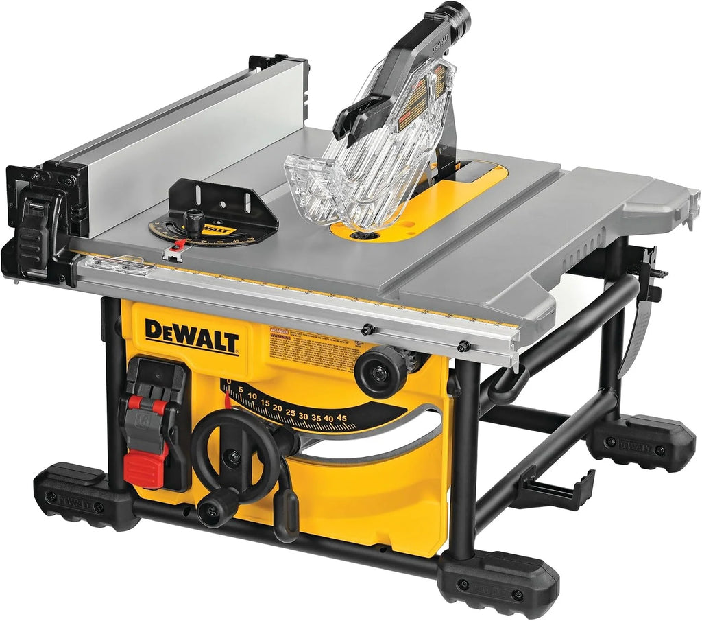 DEWALT DWE7485-QS - Sierra de Mesa Compacta 210 mm, Diámetro de Hoja 210/30mm, 5800 rpm de Velocidad, Biselado de 48º, Máx. Cap. de Corte (Derecha/Izquierda) 622/318mm