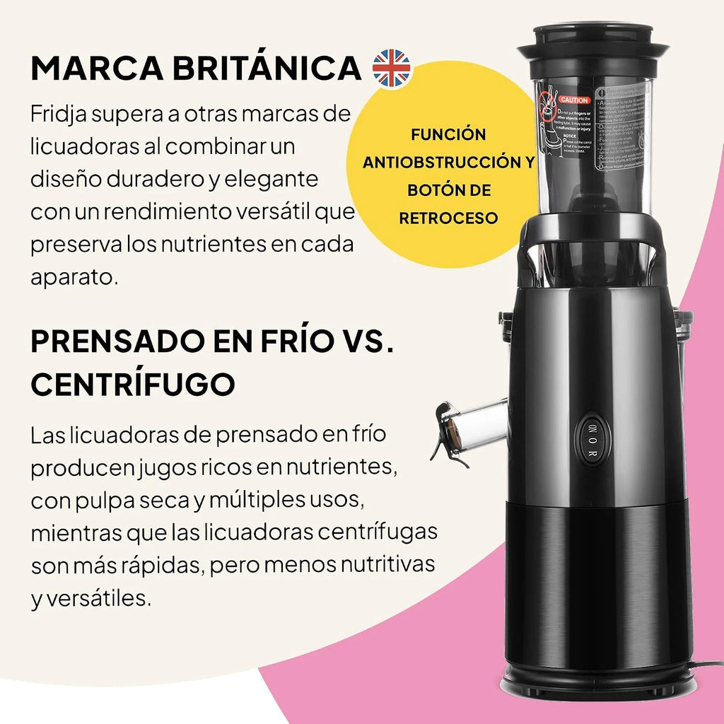Fridja F1900 - Extractor de zumos para frutas y verduras, exprimidor lento de prensado en frío, exprimidor eléctrico sin BPA, 240W, con tamiz, grifo antigoteo, licuadora lenta que conserva vitaminas
