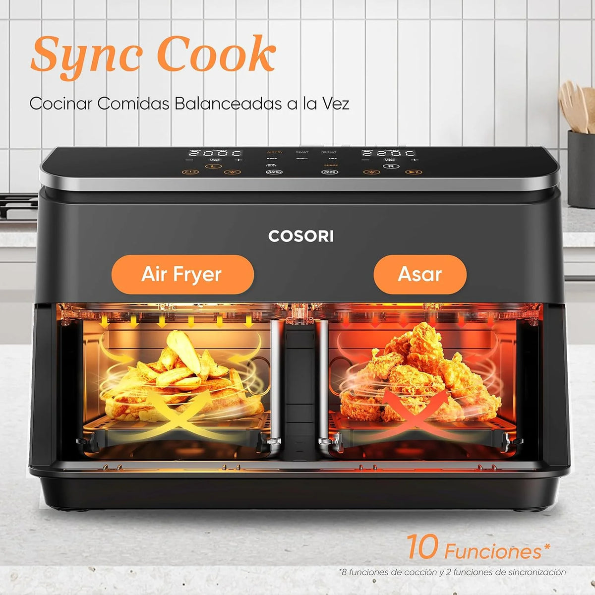 Cosori Freidora de Aire 8,5L, Doble Cesta con Ventana, 10 Funciones, Gris