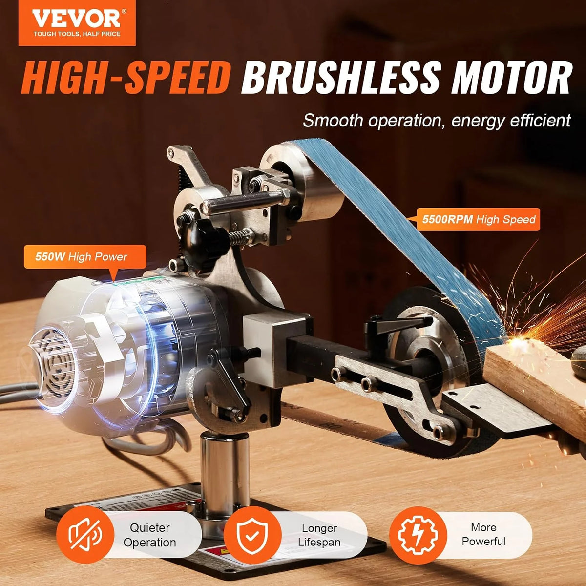 VEVOR Lijadora de Banda, Pulidora de Banda de Velocidad Variable 762 x 25,4 mm con VFD, Pulidora de Banda 550 W con 2 Moldes de Pulido y 3 Bandas de Lijado para Trabajar Metales y Fabricar Cuchillos