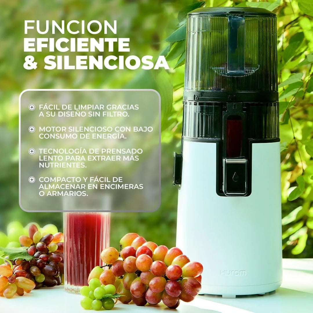 HUROM Extractor de Zumos y Verduras H70 de Alta Capacidad, Licuadora Prensado en Frío con Cámara Easy Clean, Entrada Amplia, Motor Silencioso, Control de Pulpa, Blanco