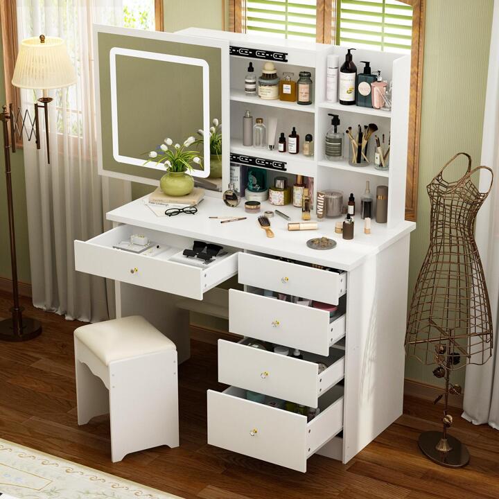 Vanity Stool Set With Sliding Lighted Mirror & Transparent glass panel