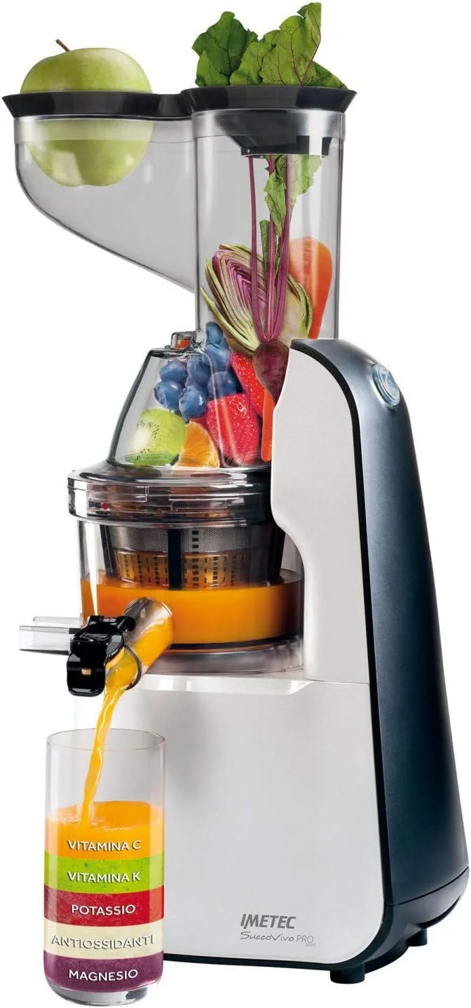 Imetec Succovivo Pro 2000 - Licuadora de prensado en frío, Extractor de Zumo, Extracción Lenta 48 RPM, 2 filtros de jugo, Accesorio para Granizados y Sorbetes, Kit para Máscaras de Belleza