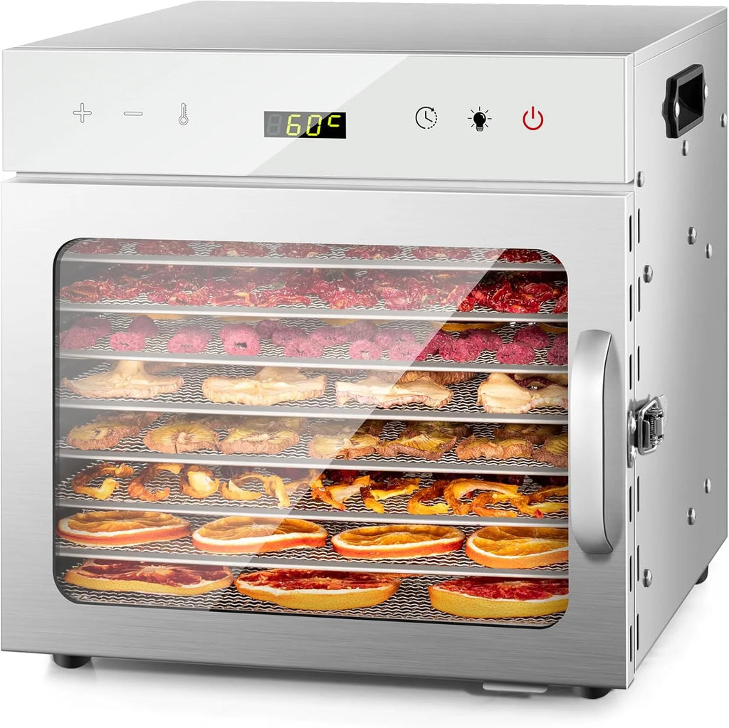 Kwasyo 8 Bandejas Deshidratador de Alimentos, Recetas Temperatura Ajustable 30-90℃, Acero Inoxidable Completo, Temporizador de 24 horas, Deshidratadora de Frutas, BPA Free