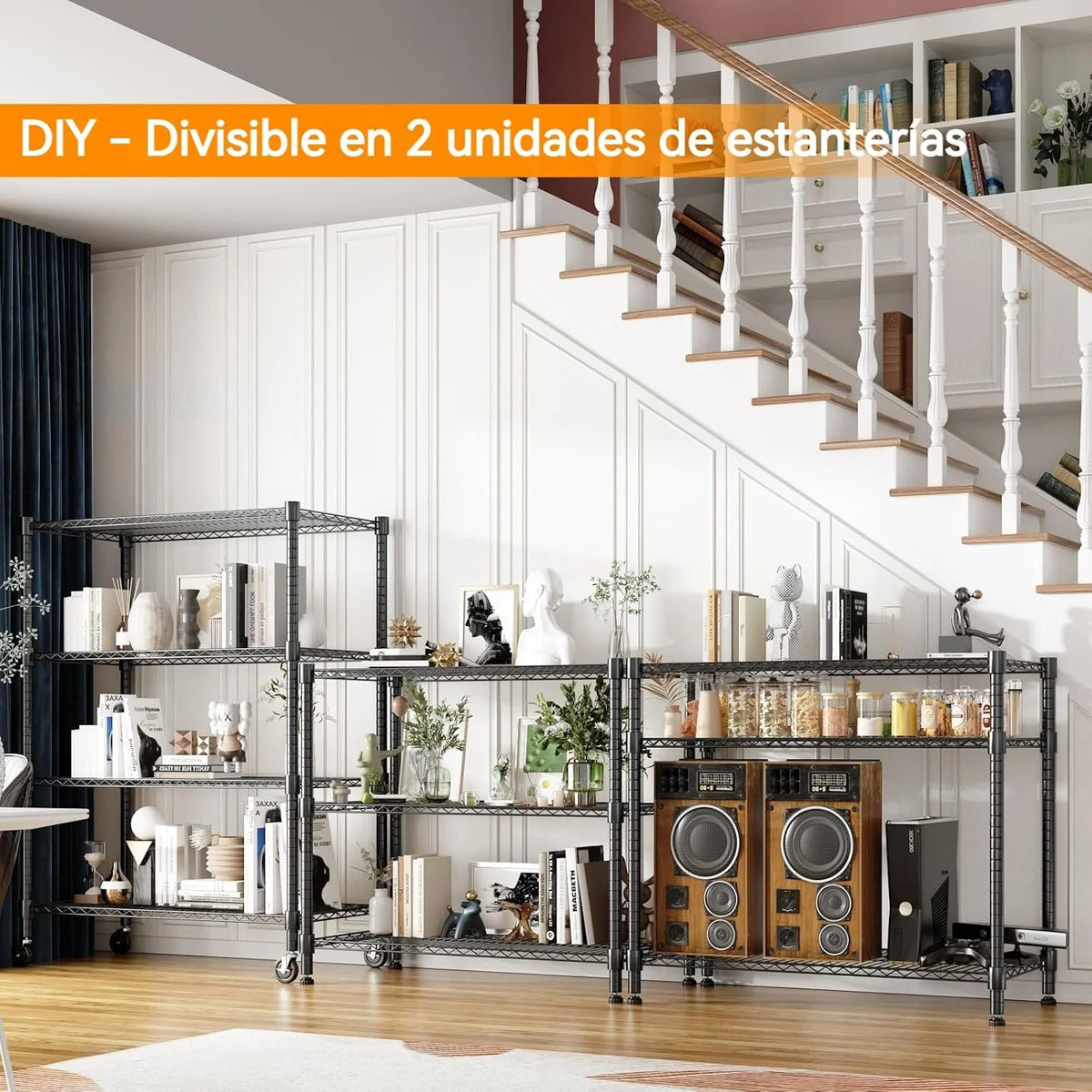 Himimi Estantería de Alambre de 4 Niveles con Ruedas y Pies Niveladores, Altura Ajustable, Estante de Almacenamiento Metálico para Cocina, Baño, Sala de Estar, Capacidad de 500 kg, 90*45*183 cm, Negro