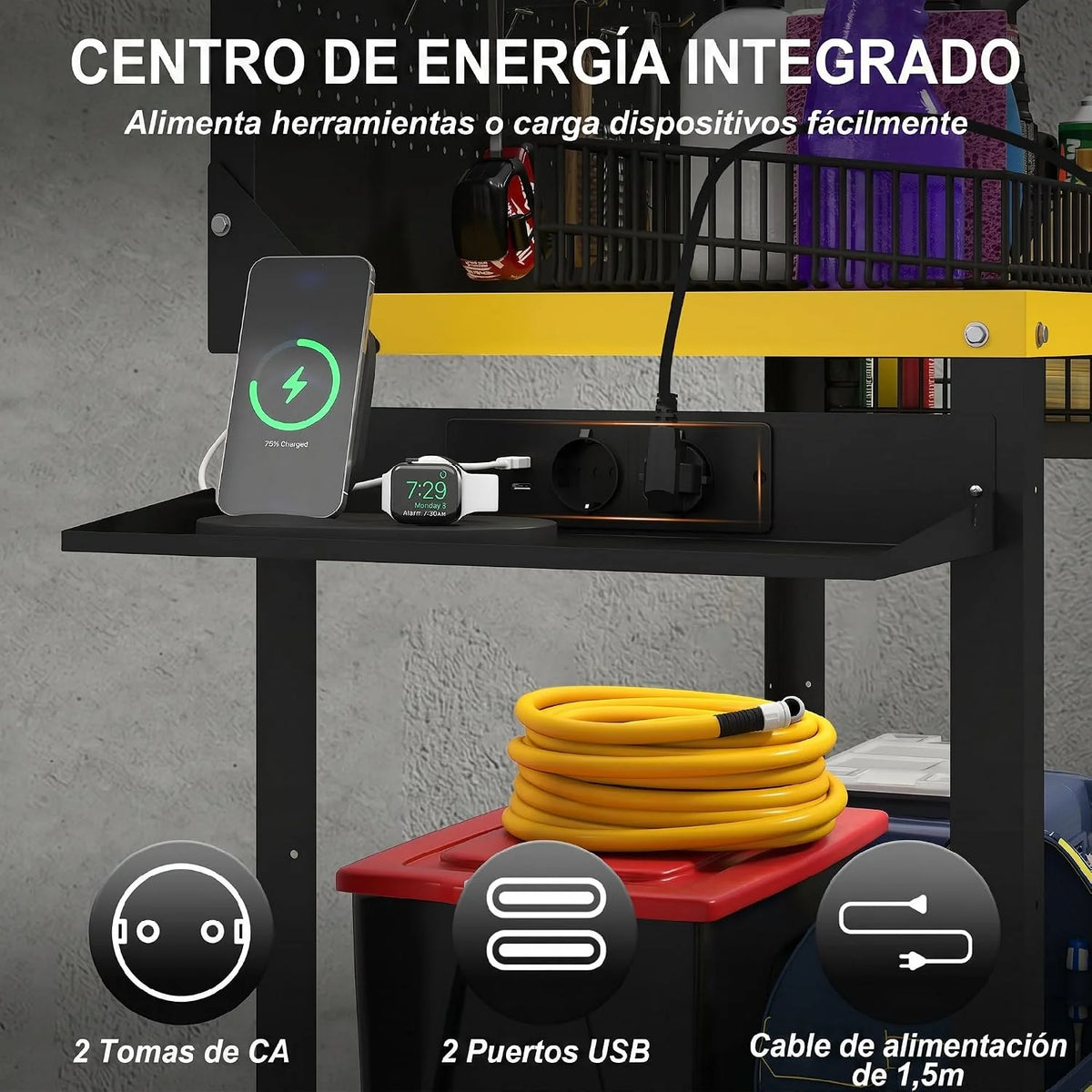 HOMCOM Banco de Trabajo con Ruedas 128x49,5x127,5 cm Negro y Amarillo