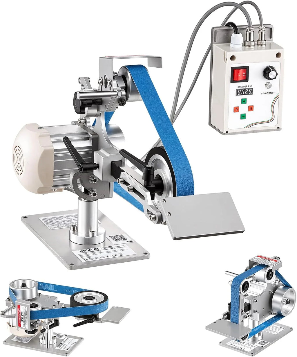 VEVOR Lijadora de Banda de 550 W con VFD Velocidad Variable 200 a 5000 RPM, 21 m/s Motor sin Escobillas, Amoladora de Lijado 762 x 25,4 mm, 2 Modos, 3 Bandas para Metal Madera Cuchillos Acero Taller