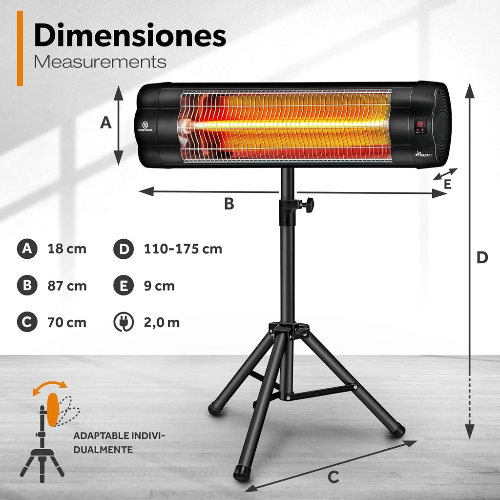 TRESKO Infrared Heater for Terrace | 2500W + Remote Control | Radiant Heater with 3 Temperatures | Electric Radiator for Outdoor and Indoor | Heater with Adjustable Height (Black)