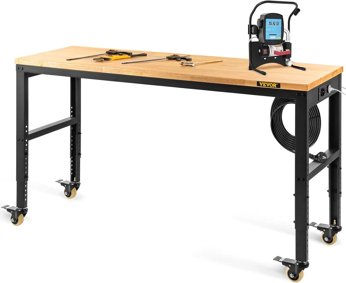 VEVOR Banco de Trabajo de Altura Ajustable 79-104 cm Banco para Taller Escritorio de Tablón de Roble 122x51 cm Marco de Acero Mesa de Trabajo con Ruedas Carga de 720 kg para Garajes Talleres Oficinas