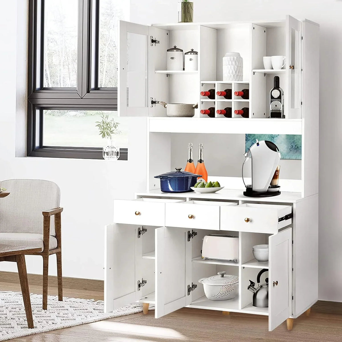 VOWNER Armario Aparador Cocina/Buffet, 100L x 38W x 181H cm, Mueble Auxiliar de Almacenaje, 5 Puertas y 5 Baldas Ajustables, Blanco
