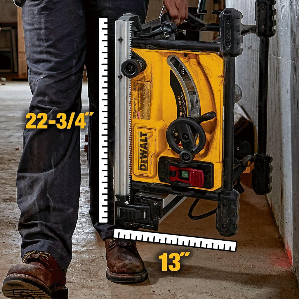 DEWALT DWE7485-QS - Sierra de Mesa Compacta 210 mm, Diámetro de Hoja 210/30mm, 5800 rpm de Velocidad, Biselado de 48º, Máx. Cap. de Corte (Derecha/Izquierda) 622/318mm