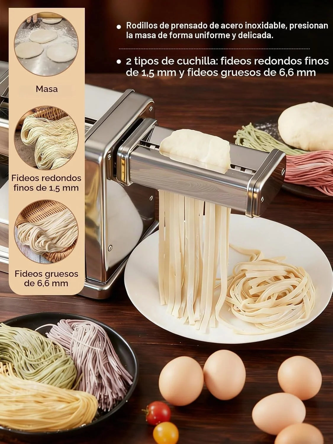 FOHERE Máquina de Pasta Fresca Eléctrica con 2 Cuchillas (1.5 mm/6.6 mm) y 7 Grosores Ajustables de 0.5-3 mm, Acero Inoxidable para Hacer Fideos Espaguetis Raviolis, Plata