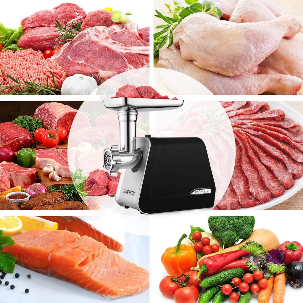 Nictemaw Picadora de carne eléctrica de 2000 W, máquina para salchichas con 3 discos perforados, accesorios para galletas, tubos de relleno de salchichas y accesorios para la cocina doméstica