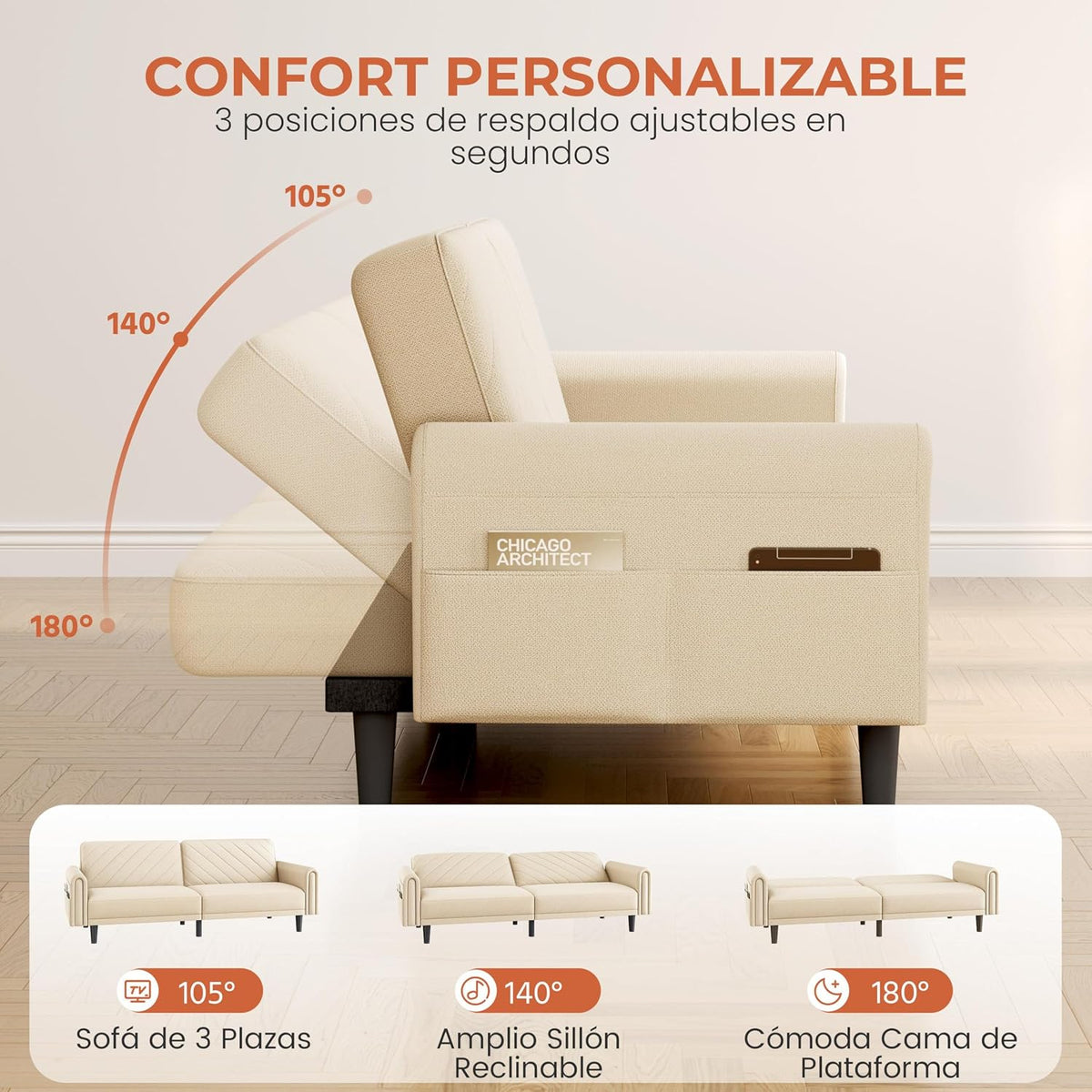Yaheetech Sofa Bed 2 Seater Backrest 3 Level Adjustment Beige