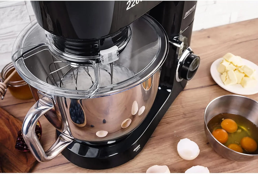 MPM Batidora Amasadora Repostería Profesional Robot Cocina Orbital 2200W Máx. 6,5L Bol Acero Inox, 6 Velocidades + Función Pulso, Sistema Planetario, 3 Accesorios+ Báscula, MRK-19B