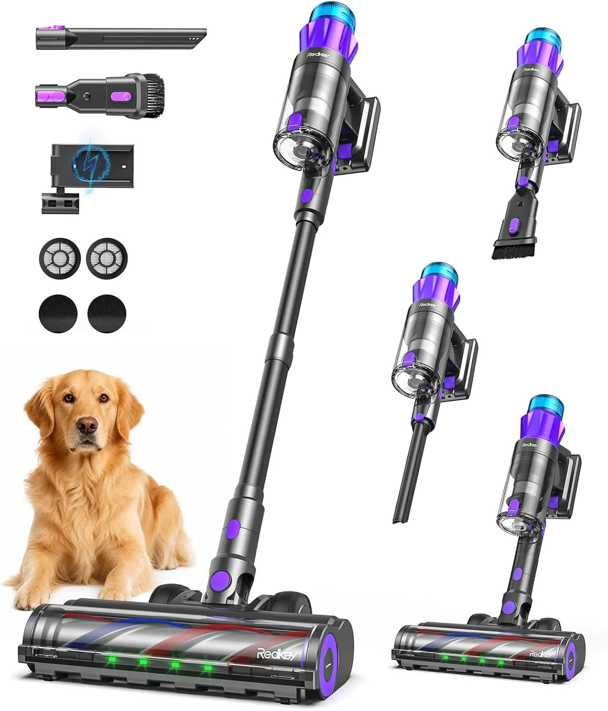 Redkey P9 Pro Aspiradora Sin Cable 68KPa/650W/80 Min, Escoba Aspiradora sin Cable con LED Pantalla, Anti-enredos, Recarga Mural, Aspiradora para Suelos Duros/Alfombras/Pelo Mascotas/Auto