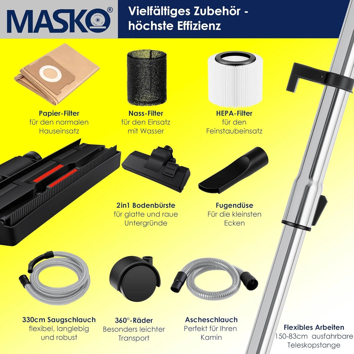 Masko® 6IN1 Aspirador Industrial en seco y húmedo de Cenizas 2300W + Toma de Corriente Función de soplado en seco y húmedo | sin Bolsa (Gelb)