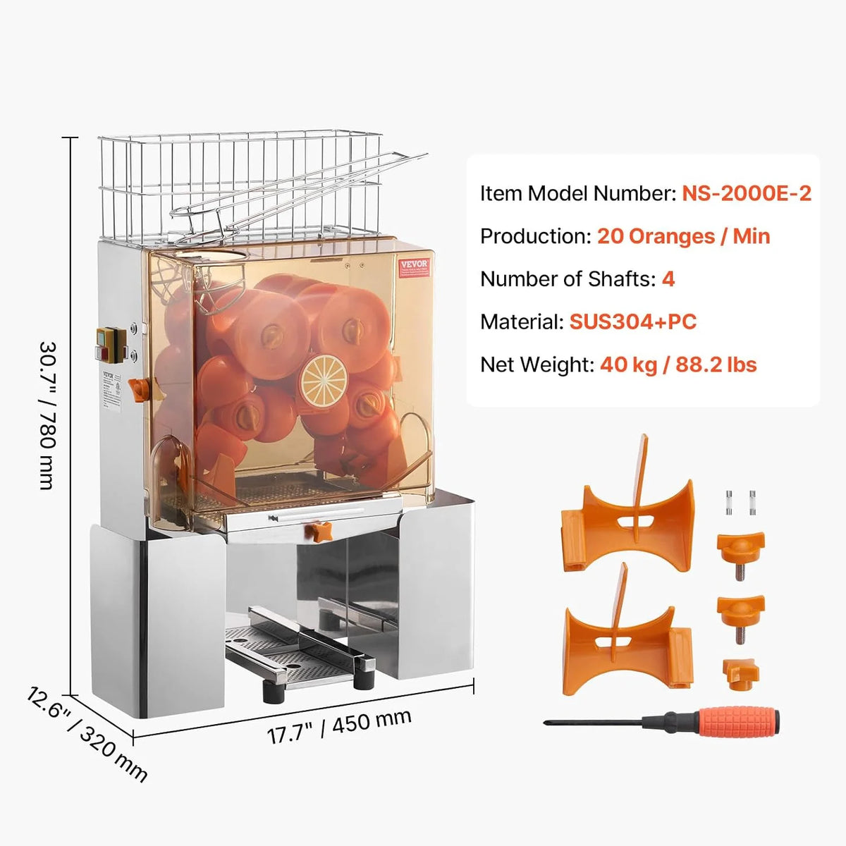 VEVOR Exprimidor de Cítricos Eléctrico Comercial Extractor de Zumo 120W Alimentación Automática con Filtro Extraíble Cubo Recolector de Cáscaras para Naranja, Pomelo, Restaurante, Cafetería, Frutería