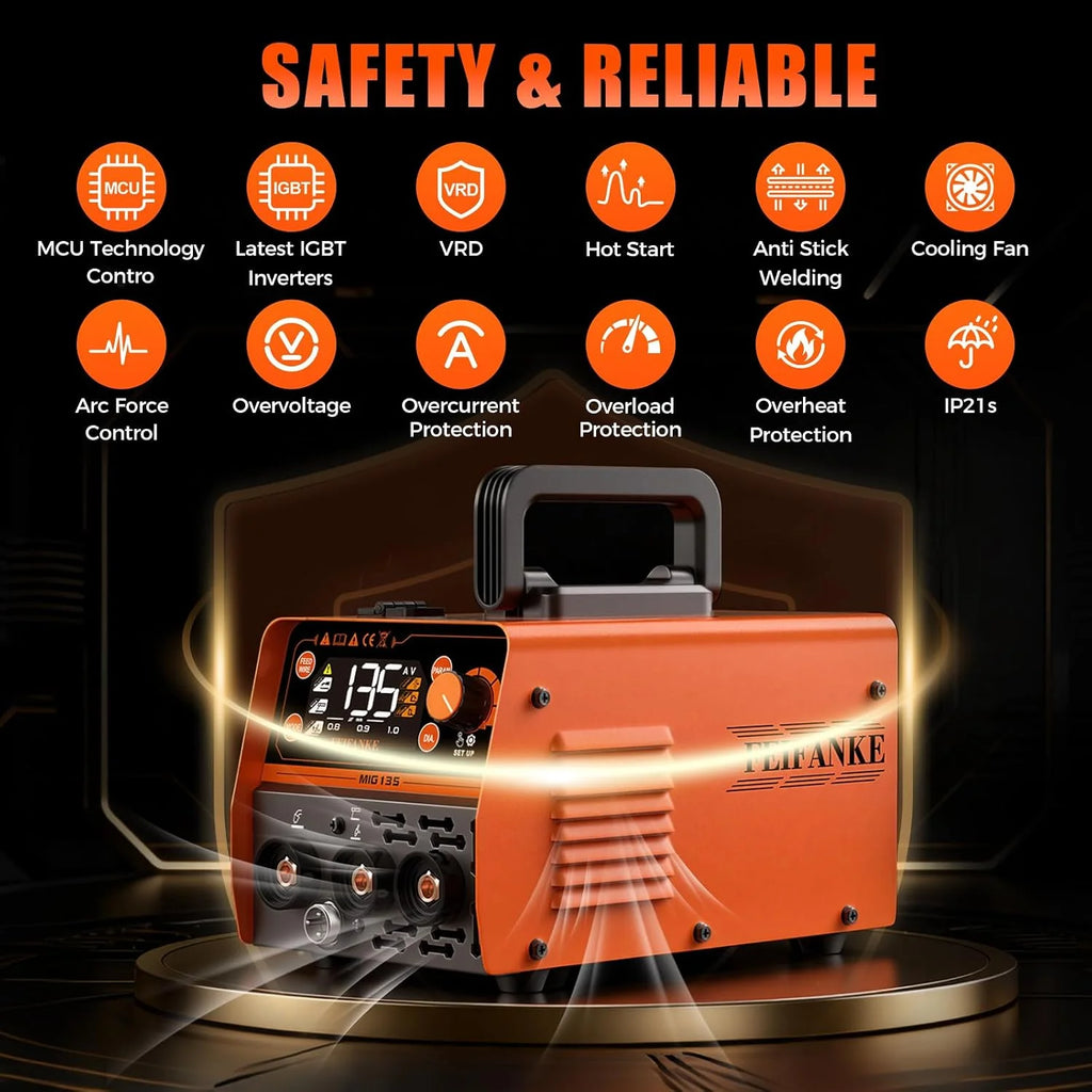 FEIFANKE MIG135 Soldador De Hilo Sin Gas 135A 230V Soldador Inverter Mini SinéRgico 3 en 1 Electrodo MIG TIG Maquina De Soldar AlimentacióN RáPida De Hilo Compatible con Hilo De Soldadura E308LFC-O