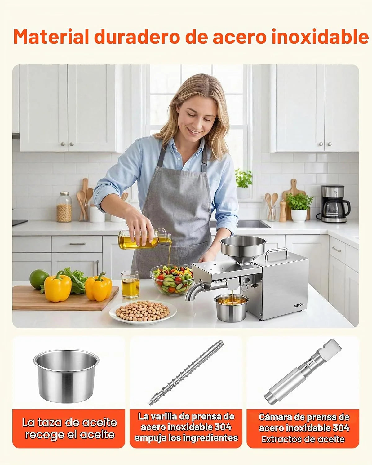 VEVOR Prensa de Aceite Eléctrica 700 W, Máquina de Prensado de Aceite 3,75 kg/h, Prensado en Caliente a 230 °C, Extractor de Acero Inoxidable, Uso Doméstico y Comercial, para Cacahuetes, Soja