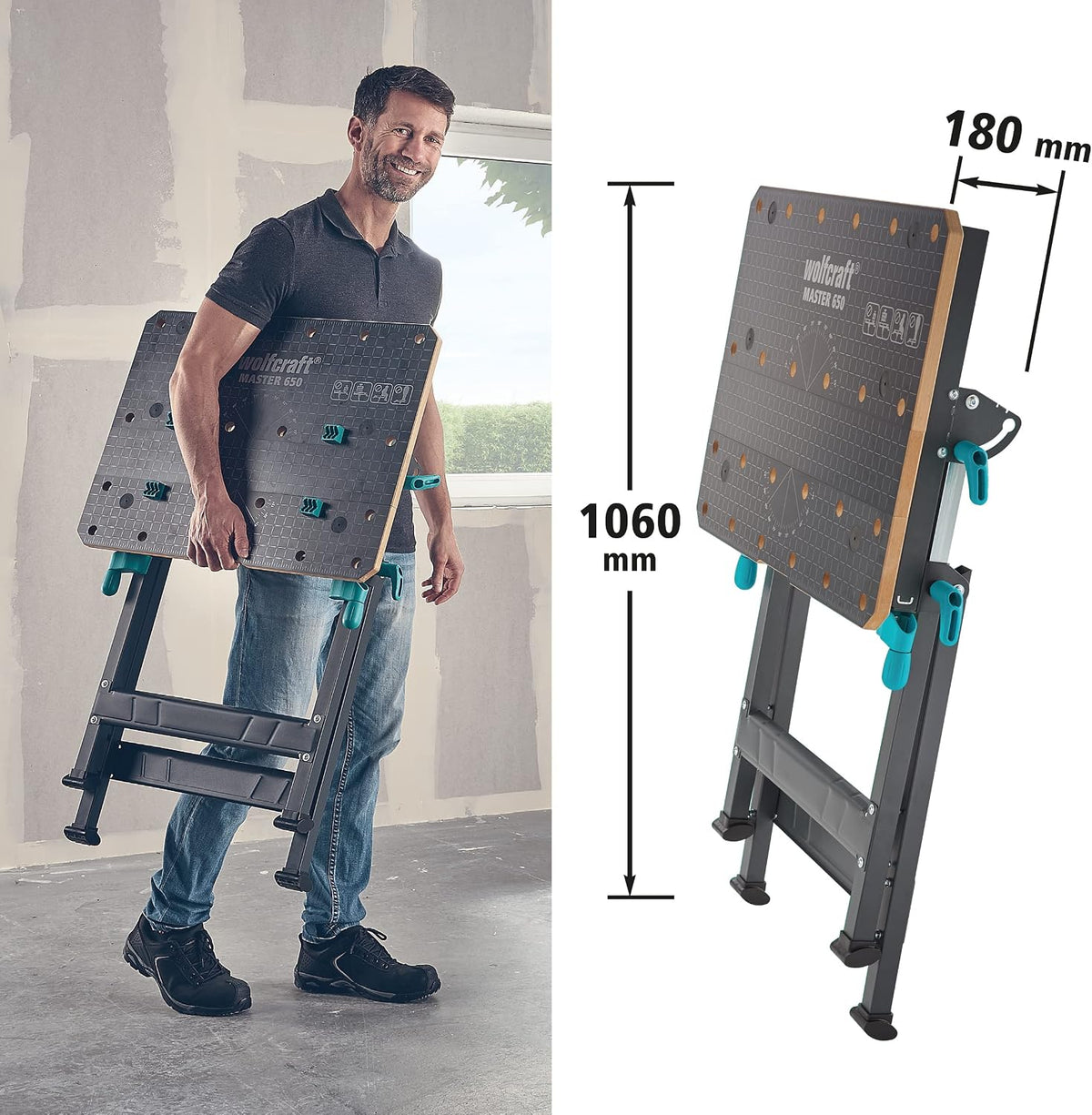 wolfcraft Mesa de Trabajo y sujeción Master 650 Ergo I 6870000 I La Mesa de sujeción de Altura Ajustable y portátil Que Permite Trabajar de Manera Flexible en Todos Tus proyectos